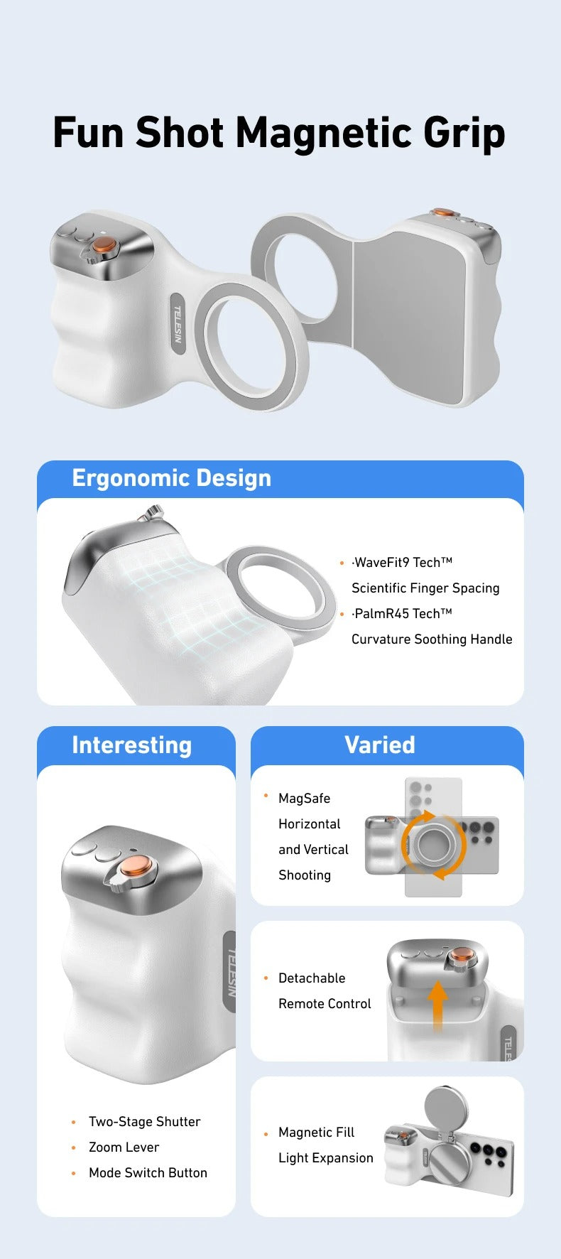 TELESIN Magnetic Camera Grip with Remote & Fill Light for Smartphones